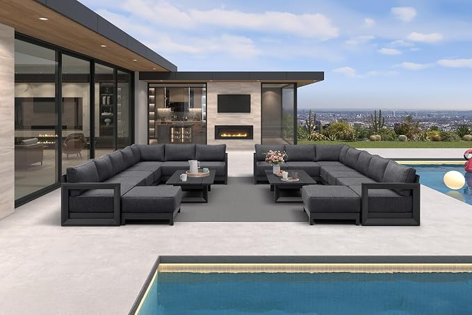 PURPLE LEAF Patio Furniture Set U-Shaped Outdoor Couch with 9.6" Thick Cushion and Soft Pillows 18 Piece Outdoor Sectional Sofas with Table Modern Outdoor Conversation Sets for Yard Porch Deck, Grey