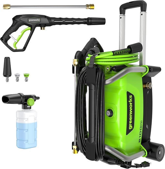 Greenworks 2100 PSI (1.2 GPM) Electric Pressure Washer (25°, 40°, Turbo Nozzle, Soap Applicator) for Use On Decks, Fences, Concrete Patios, Sidewalks & More. Medium-Duty