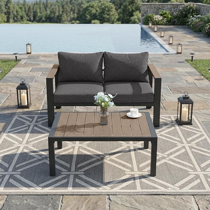 Outdoor Patio Furniture Set Loveseat and Coffee Table with Washable Thick Cushions, All-Weather Luxury Aluminum Large Sectional Sofa for Porch, Balcony, Deck, Yard, Dark Gray