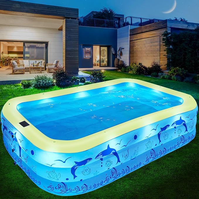 2026 Upgrade Inflatable Pools with Lights, Family Inflatable Swimming Pools for Adults, Blow Up Pool Solar, Large Pool, Durable Thickened Inflatable Family Pool for Backyard-Yellow