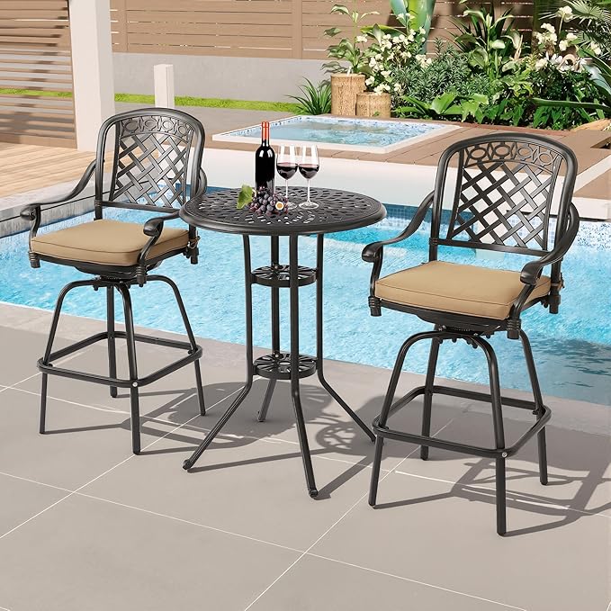 3-Piece Cast Aluminum Patio Bar Set, Outdoor Round High Top Table & 2 Swivel Bar Chairs with Cushions, All-Weather Bistro Table and Chairs Set for Patio, Lawn & Garden (1 Table +2 Swivel Chairs)