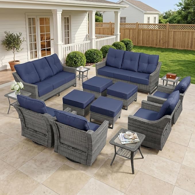 14 Piece Patio Furniture Set, 360°Swivel Glider Patio Chairs Set of 4, Outdoor 4 Ottomans,2 Sofas, 4 Side Tables Comfortable Seating with 6 Inch Thick Cushions, All-Weather Wicker Outdoor Patio Set