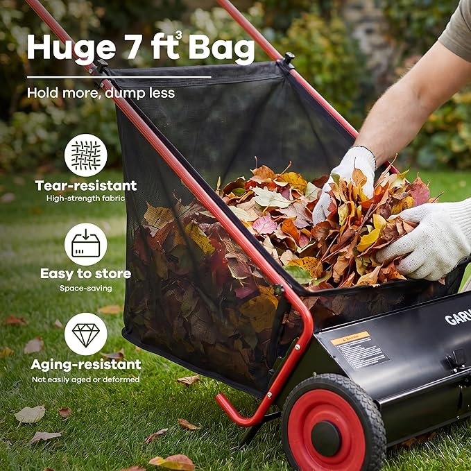Garvee Push Lawn Sweeper, 26 in Leaf & Grass Collector with 7 Cu. ft. Hopper Bag, 4 Spinning PP Brushes, Durable Steel Construction, Adjustable Height & Rubber Tires for Leaves Grass Cleanup