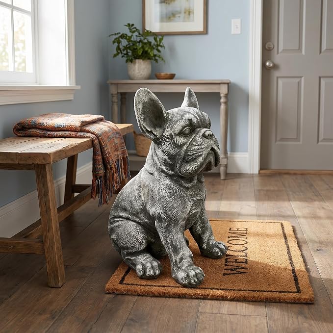 French Bulldog Statue, Grey, 16" Large Dog Garden Sculpture | Weatherproof Resin, Stone Effect, Realistic Frenchie Figurine, Outdoor Yard Patio Lawn Porch Decor