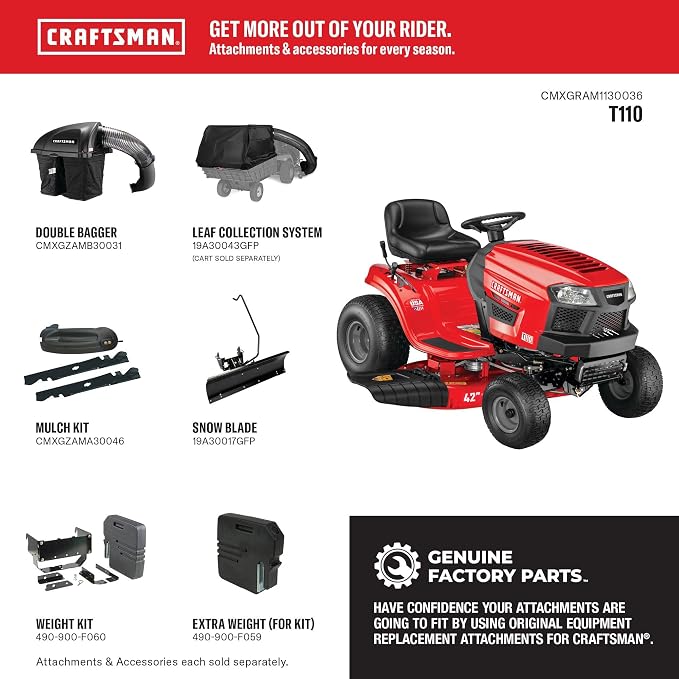 CRAFTSMAN 42" Gas Riding Lawn Mower with 17.5 HP* Briggs and Stratton Single-Cylinder Engine, Gas Lawn Tractor with 7-Speed Transmission, Red/Black (13AN77XSA93)