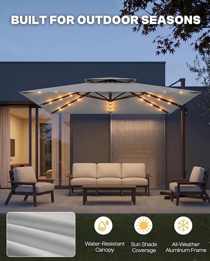 10FT Cantilever Patio Umbrella with Solar Lights, Large Outdoor 2 Tier Aluminum Offset Square Umbrellas 360 Degree Rotation for Garden Deck Pool