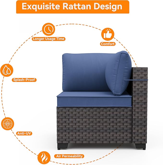 Patio Furniture Set 10 Pieces Wide PE Rattan Sofa Set Outdoor Sectional Furniture,Patio Swivel Chair Sofa Set Patio Conversation Set w/Cushions and Glass Coffee Table,NavyBlue