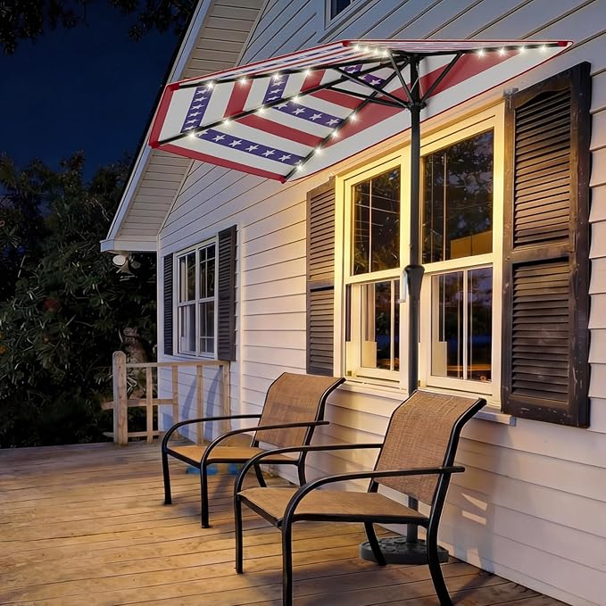 HOMSHADE 9FT Half Patio Umbrella with Solar LED Lights for Outdoor, Waterproof Half Umbrella for Small Spaces, Balcony, Deck(Fourth of July Stripes)