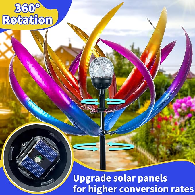 70 in Large Wind Spinners Outdoor, Solar Wind Sculpture, Purple | Metal Windmill with Solar Multi-Color Light, All Weather Decor , Ideal Yard Art for Garden, Backyard, Lawn & Outdoor Decor