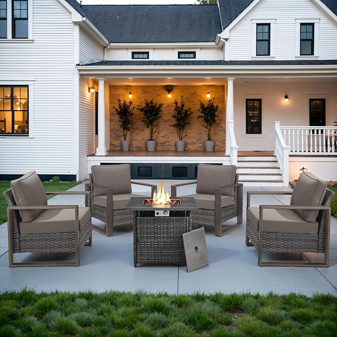 Belord Social 5 Pieces Patio Furniture Set - Patio Chairs Set of 4 with 50000BTU Propane Fire Pit Table, Durable Wicker Outdoor Conversation Set for Casual Gathering