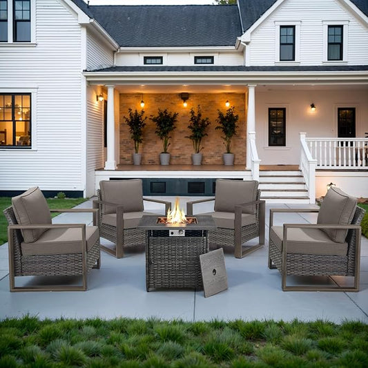 Belord Social 5 Pieces Patio Furniture Set - Patio Chairs Set of 4 with 50000BTU Propane Fire Pit Table, Durable Wicker Outdoor Conversation Set for Casual Gathering