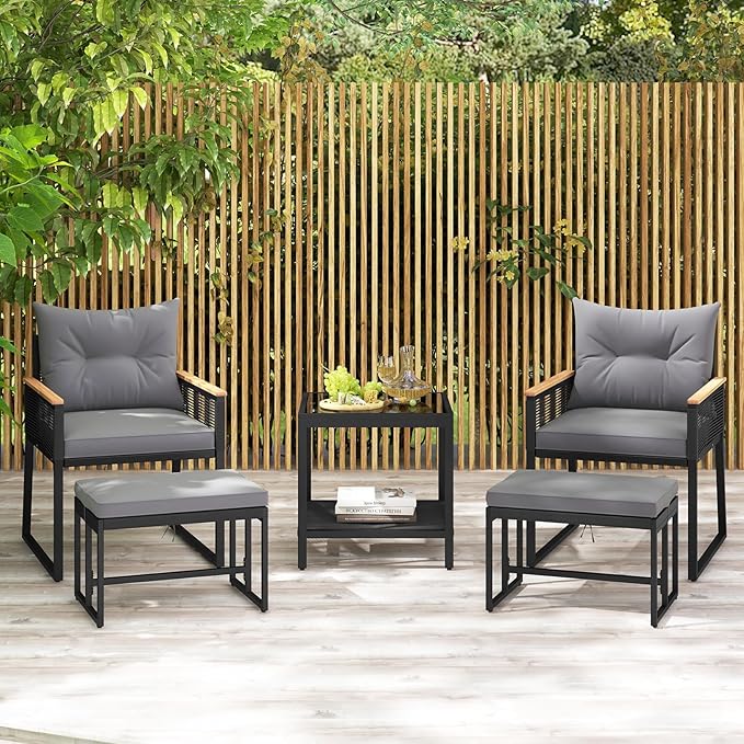 HAPPYGRILL 5 Piece Patio Conversation Set PE Rattan Wicker Chairs with 2 Ottomans, Soft Cushions and 2 Tier Coffee Table, Outdoor Furniture Set for Backyard, Garden and Poolside
