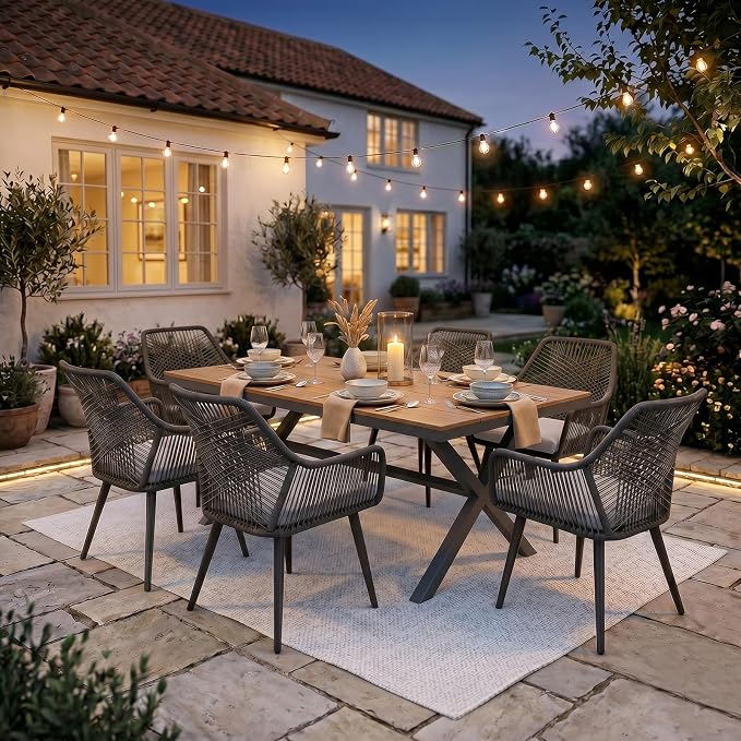 JOIVI 7 Piece Patio Dining Set for 6, All-Weather Outdoor Dining Furniture with Hand-Woven PE Rattan Chairs and Rectangular Dining Table, Outdoor Table and Chairs Set for Backyard, Cross Back&Black