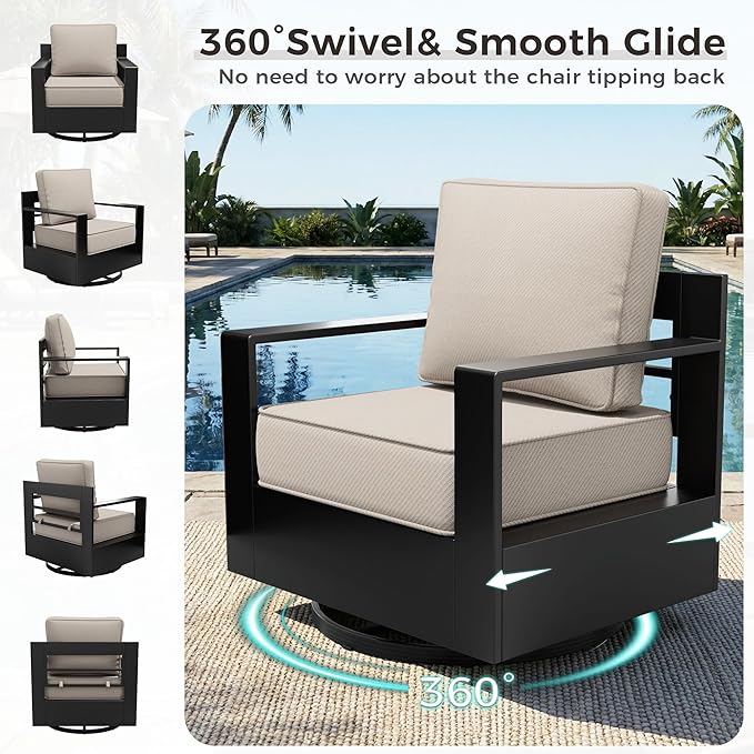 Aluminum Outdoor Swivel Rocker Patio Chairs Set of 2, All-Weather Metal Outdoor Chair with 6 Inch Thick Cushions, Deep Setting for Garden, Outside and Porch, Beige