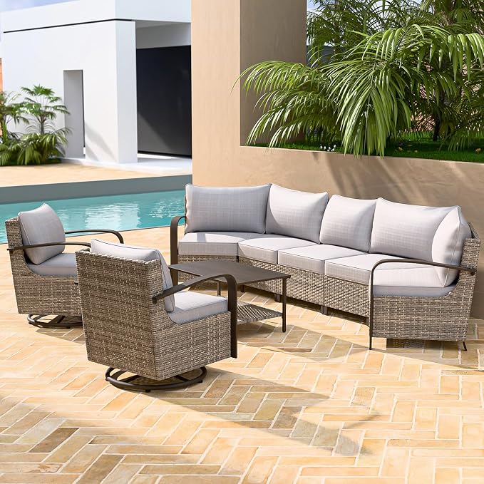 COOS BAY Aurora Terrace 6 Piece Outdoor Sectional Furniture Set, Half Moon Rattan Wicker Conversation Set with Swivel Chairs, 5 Seat Sofa & Coffee Table for Patio Garden Yard, Beige/Beige