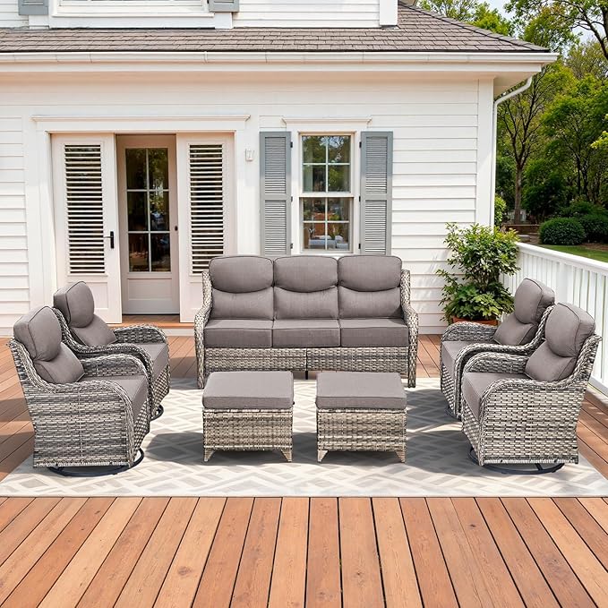 Luxury High Back Patio Furniture Set with 6-Inch Thick Cushions, 7-Pieces Outdoor Furniture with Swivel Chairs, Wicker Conversation Set for Porch, Balcony, Deck and Yard, Grey