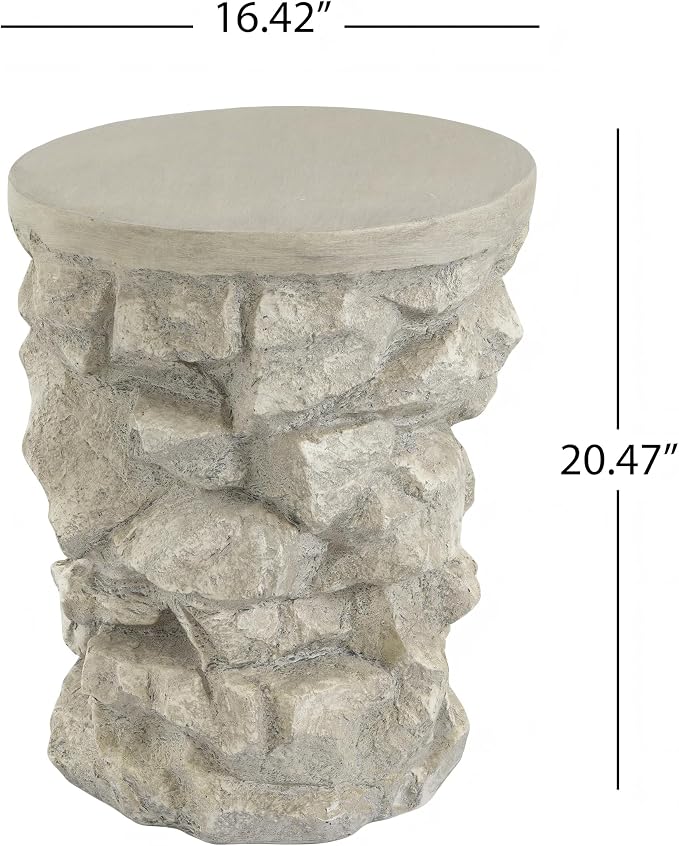 Round Outdoor Concrete Side Table, Cylinder Patio End Table, Faux Stacked Stone Accent Table with Wave for Indoor Outdoor, Garden Stool Coffee Table for Patio, Garden, Backyard - 16.42" Grey MgO