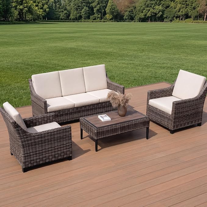 Wicker Patio Conversation Set, Outdoor Patio Chair Set with Deep Seating, Wide Armrests & Thick Cushions, All-Weather Outdoor Furniture Set for Patio, Porch, Deck & Backyard