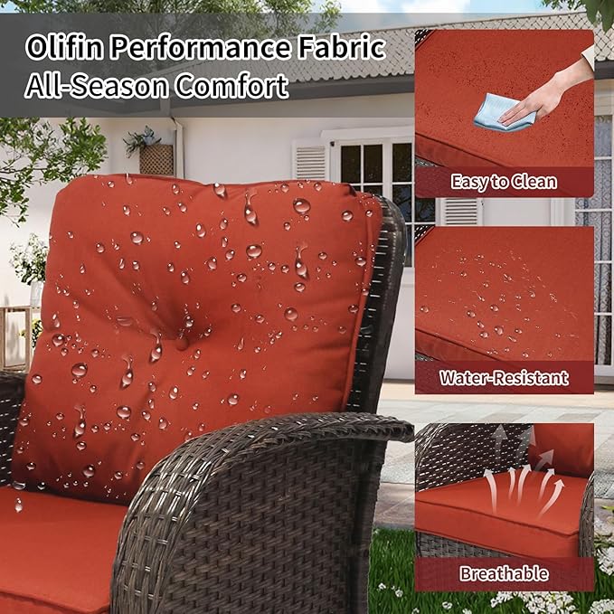 SHGJ&SOFT 3 Piece Patio Furniture Set, 2 Outdoor Swivel Rocking Chairs with Side Table, Wicker Glider Chairs, All-Weather Rattan Bistro Set for Porch, Deck, Pool (Red, Brown Full-Weave Rattan)
