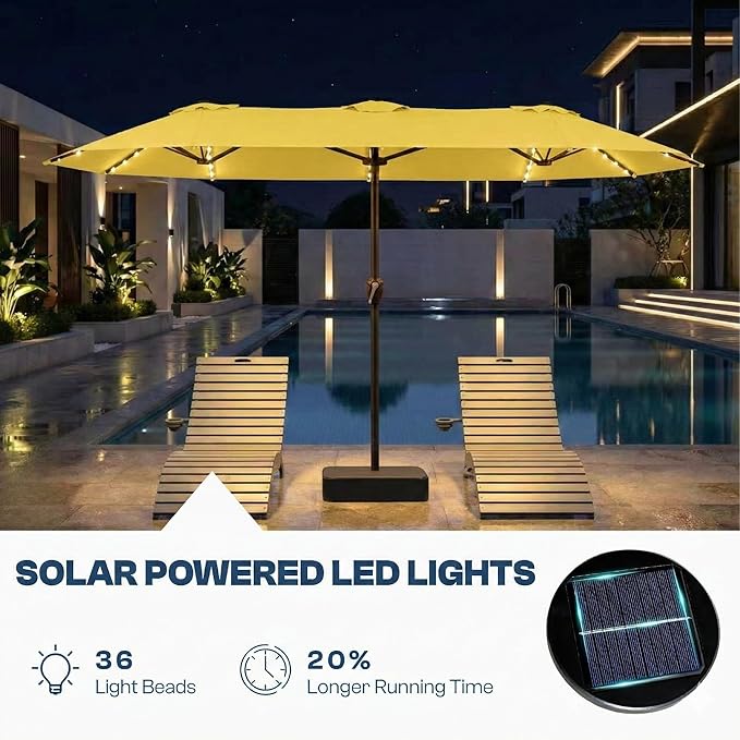 15FT Patio Umbrella with Solar Lights, Double-Sided Extra Large Outdoor Table Umbrella with Base Included, Heavy-Duty 12 Iron Ribs Market Umbrella for Garden, Pool, Backyard, Sunshine Yellow