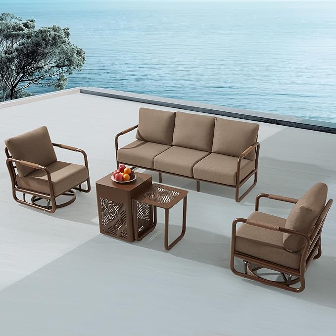 MBY Outdoor Aluminum Patio Furniture Set, 5-Seats Patio Conversation Sofa Set with 2 Swivel Rocking Chairs and 45,000 BTU Fire Pit Table w/Glass Wind Guard, All Weather for Balcony, Garden-Brown