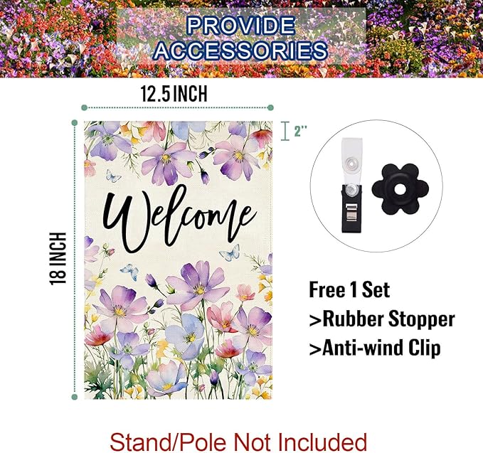 Baccessor Spring Summer Pansy Welcome Garden Flag 12.5 x 18 Inch Double Sided Burlap Butterflies Floral Flower Farmhouse Small Yard Flag Holiday Seasonal Outdoor Outside Decoration