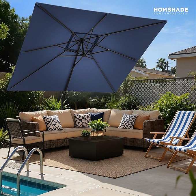 HOMSHADE 10x10 FT Cantilever Patio Umbrella Outdoor with Base- Large Offset Heavy-Duty Aluminum Umbrella with 360° Rotation, 6 Tilts, Windproof, 3-Year Fade Resistance for Pool Deck, Square, Navy Blue