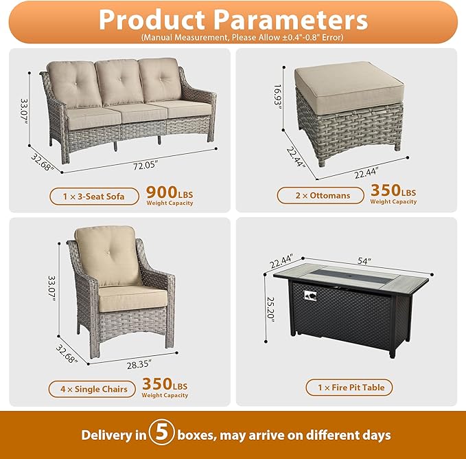 Outdoor Patio Furniture Sets, 8 PCS Patio Conversation Set Outside Rattan Sofa with 54 in Fire Pit Table Comfy Cushions Fit Backyard Porch Garden Poolside Balcony,Beige