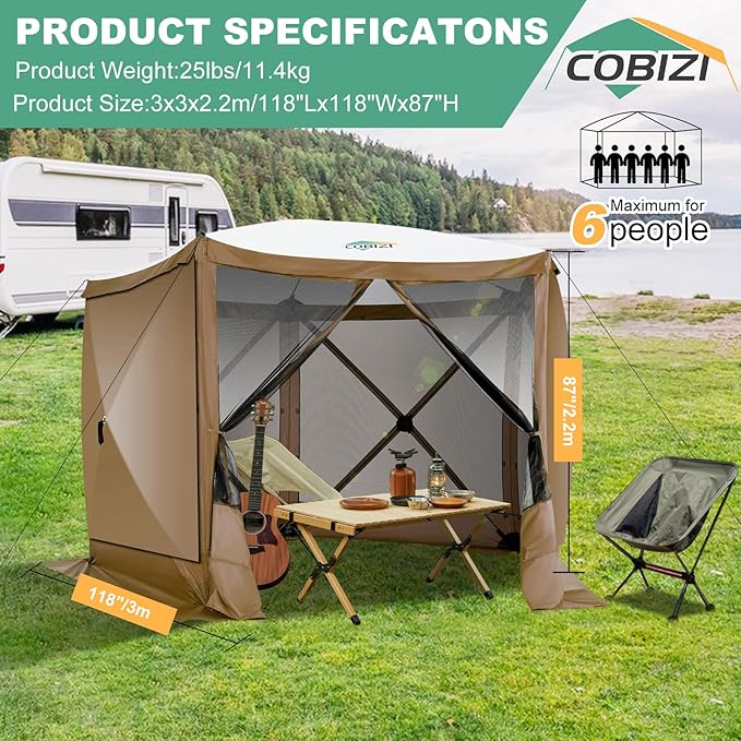 COBIZI 10x10 FT Pop up Gazebo, Popup Canopy tent,Screened In Gazebos with sidewalls, Waterproof Portable Outdoor Small Screen tents Sun Shelter,carpas para patio for Camping, Garden and Backyard,Brown