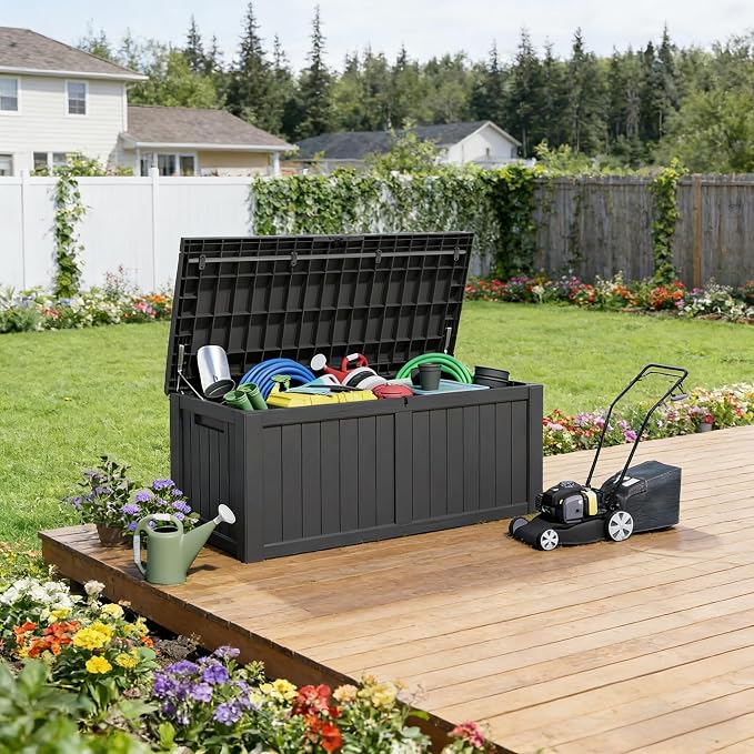120 Gallon Waterproof Resin Outdoor Storage Box, Lockable & UV Resistant | Patio Deck Boxes, Outside Storage for Patio Cushions, Pool Toys, Garden Tools & Package Delivery, Black
