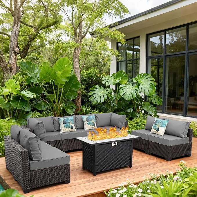 9 Pieces Wicker Patio Furniture Set Outdoor PE Rattan Sectional Conversation Sofa Set with Grey Cushions and 45 Gas fire Pit Table