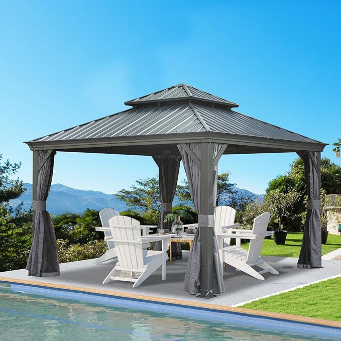 Domi 12' X 12' Hardtop Gazebo, Upgraded Metal Gazebo with Drainage System, Dual-Layer Galvanized Steel Roof, Curtain and Netting, Outdoor Shelter Canopy for Patio, Garden, and Backyard, Grey
