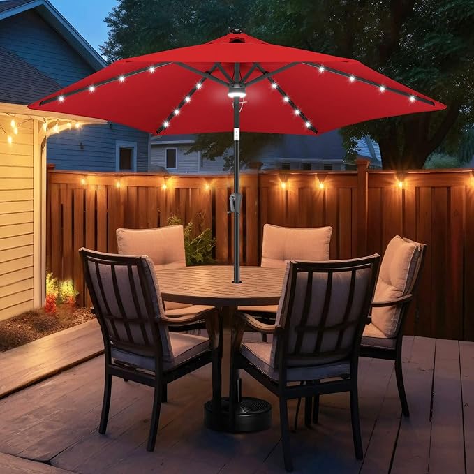 FLAME&SHADE 10ft Solar Outdoor Umbrella - 24 LED Lighted Patio Umbrella with Centre Surround Light, Table Umbrellas with Tilt & Crank for Pool, Porch, Garden, Deck, Backyard UV Protection (Red)