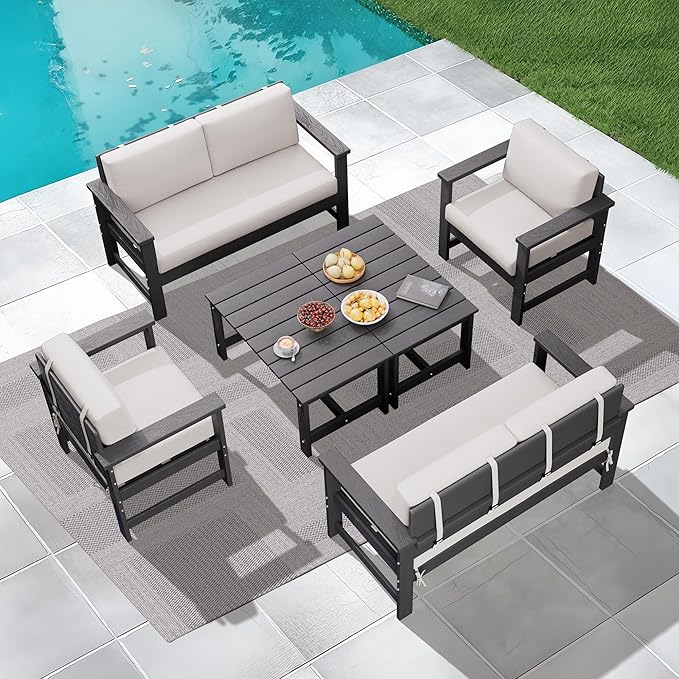 KINGYES 6 Pieces Outdoor Furniture Set, HDPE All Weather Use Conversation Couch, Grey Frame with Khaki Cushions
