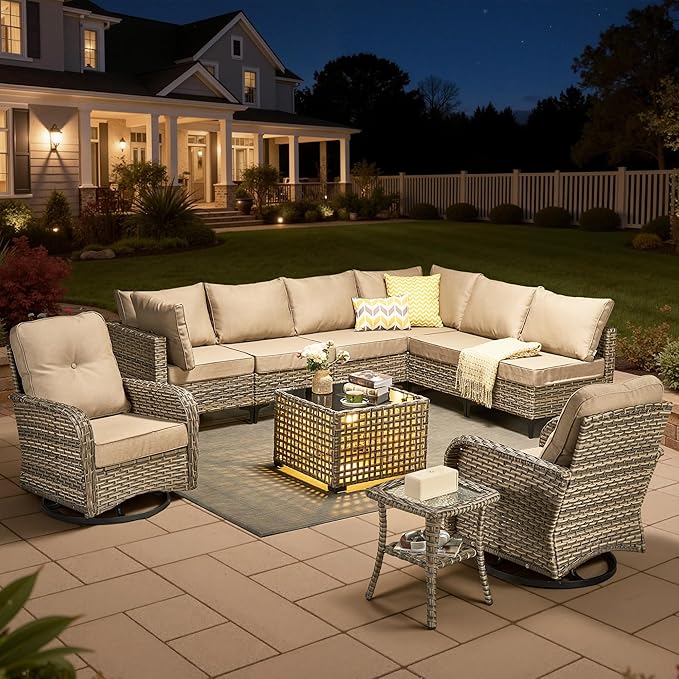 10 Pieces Outdoor Sectional Patio Furniture Set with Swivel Rocking Chairs,Wicker Conversation Sets Rattan L Shaped Couch,Modular Outdoor Sofa for Porch Balcony Backyard Beige