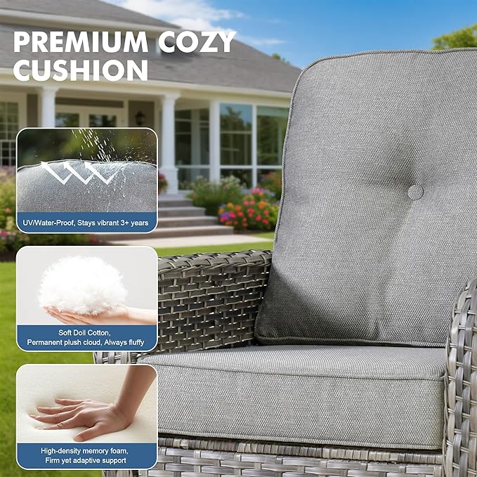 Outdoor Swivel Rocker Patio Chairs, 3 Piece Patio Furniture Set with Glider Chairs and Wicker Coffee Table, All Weather Rattan Chair Set for Porch Deck Yard Balcony, Dark Gray