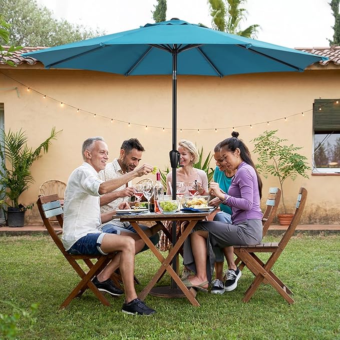 Sun-Ray 9' Round Patio Umbrella with Push-Button Tilt and Hand Crank Lift System, Market Umbrella for Porch, Deck, and Patio