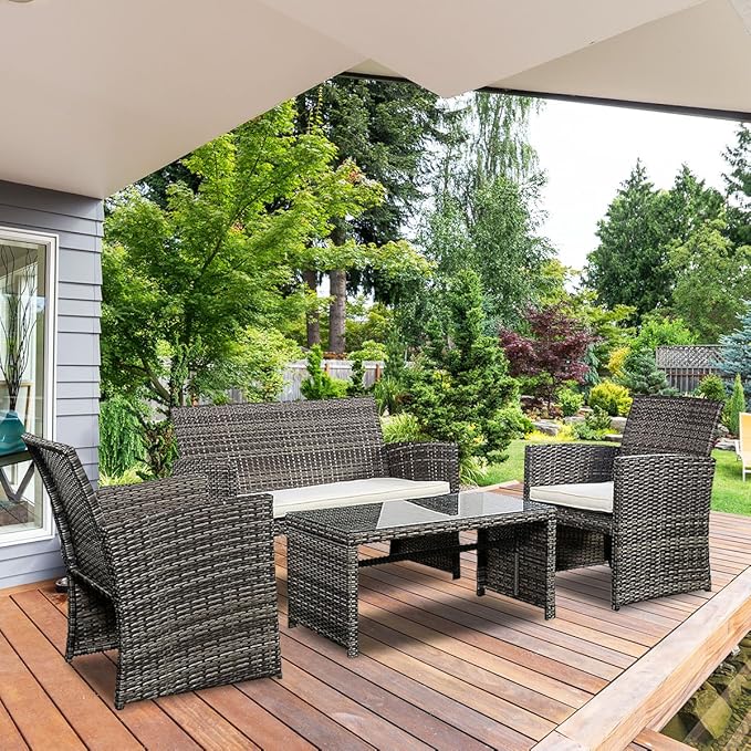 Tangkula AM0948HM Lawn Garden PE Rattan Wicker Furniture (Brown) 4 Piece Outdoor Patio Sofa Set