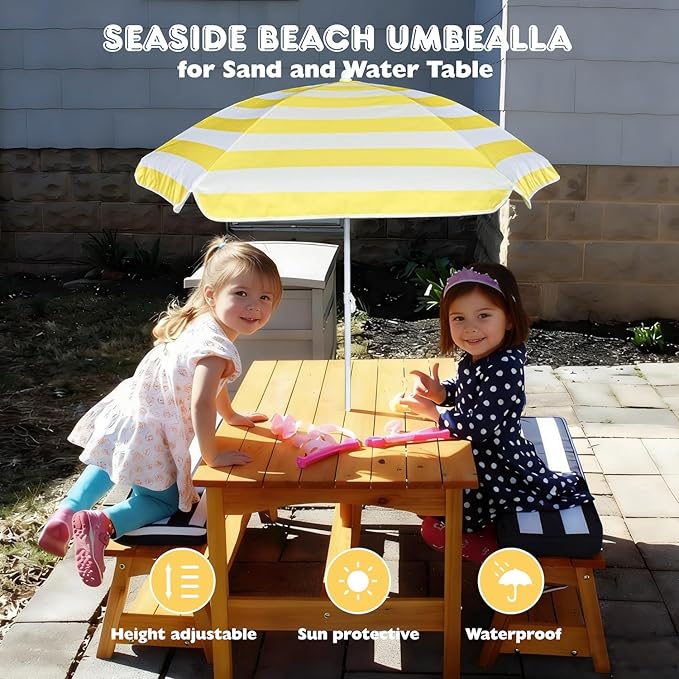 AMMSUN 5ft Seaside Umbrella for Sand Box and Water Table - Kids Durable Umbrellas for children Beach Camping Garden Outdoor Play Shade (5ft Yellow White)