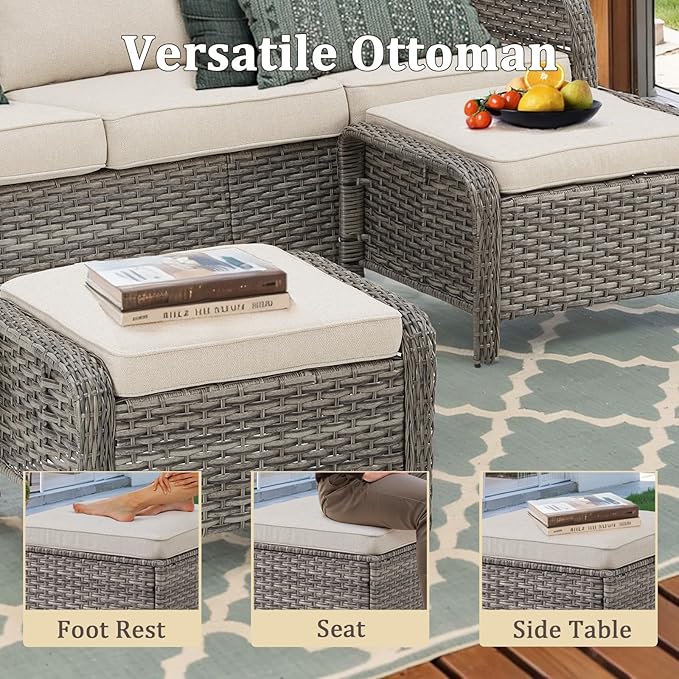 Belord Outdoor Patio Furniture Sofa Set - 3 Pieces PE Wicker Patio Furniture Section Couch with Multifunctional Ottoman, All-Weather Patio Conversation Set for Deck Balcony Garden Grey/Beige