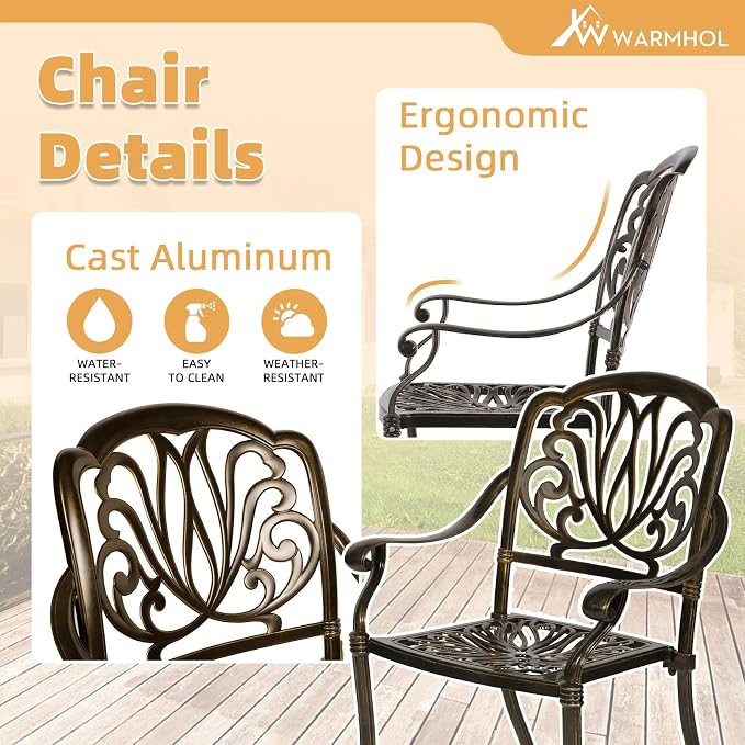 9-Piece Patio Furniture Dining Set, All Weather Cast Aluminum Outdoor Conversation Set- 61" Round Patio Dining Table with Detachable Lazy Susan & 8 Chairs, Umbrella Hole, Dark Bronze