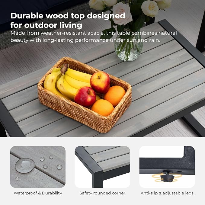 LUMISOL 4 Piece Outdoor Wicker Patio Conversation Furniture Set for Backyard, Wicker Conversation Set Outdoor with Acacia Wood Table Top, Light Gray