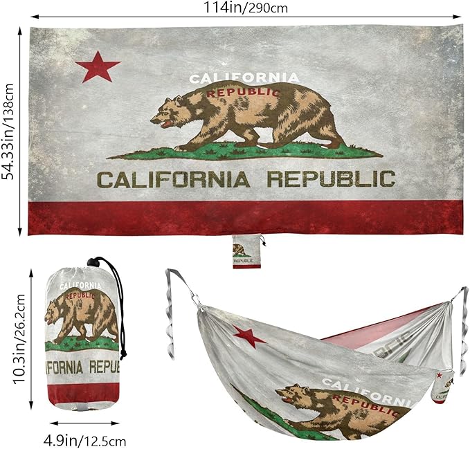 California Flag Camping Hammock, Portable Lightweight Single Hammock with Tree Straps and Aluminum Carabiners, 114" x 54" Travel Hammock for Hiking Backpacking Beach