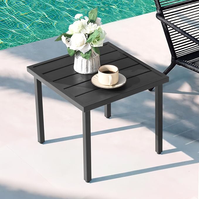 NUU GARDEN Outdoor Patio Side Table, Metal Side Table, Black | Features a slatted tabletop, adjustable feet and powder-coated metal construction for outdoor use and easy maintenance.