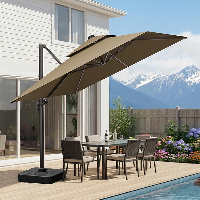 10x10 FT Patio Umbrella, Large Cantilever Double Top Heavy Duty Offset Umbrellas with 360° Rotation, Outdoor shade for Garden Deck Pool, Tan