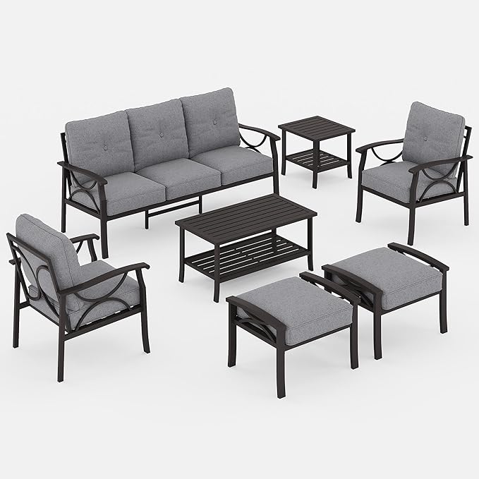 7-Piece Outdoor Patio Furniture Set, Outdoor Metal Sectional Furniture with Cushions, Outdoor Conversation Seating Set with Coffee Table for Balcony, Garden, Deck, Backyard, Grey