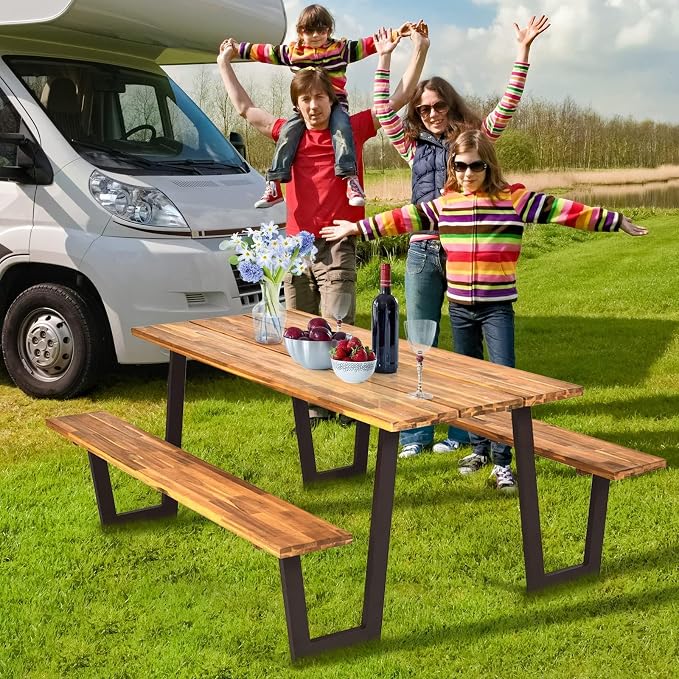 HAPPYGRILL Outdoor Picnic Table Bench Set with Wood Top & Steel Frame, Patio Dining Picnic Table Set with Umbrella Hole for Garden Backyard, Patented