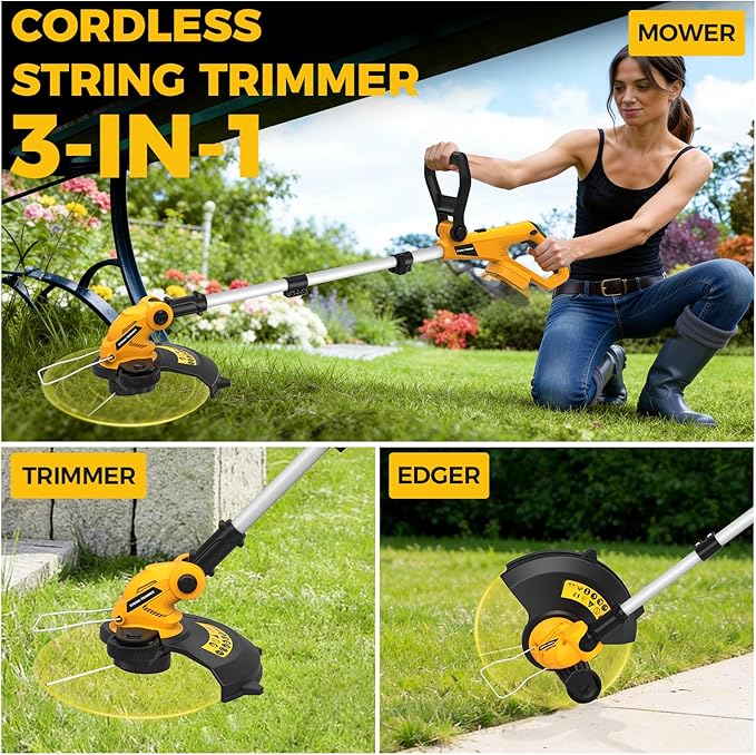 SHOHO 3 in 1 Cordless String Trimmer, Lawn Edger with 8 Spare Spools, 12" Battery-Powered Automatic Feed Trimmer (No Battery), Compatible with Dewalt 20V Battery, Foldable Trimmer for Garden, Lawn