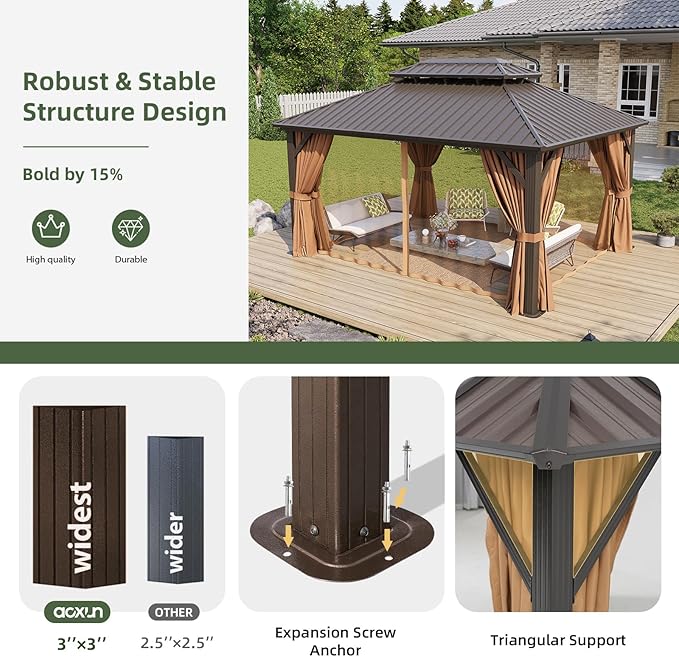 Aoxun 12’x16’ Hardtop Gazebo, Permanent Metal Pavilion with Galvanized Steel Double Roof, Outdoor Pergola with Nettings and Curtains for Lawn, Garden, Patio (Brown)