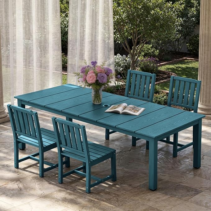AreShark 7-Piece Outdoor Dining Set,HDPE Patio Table with 6 Armless Chairs,All-Weather Patio Furniture Set with Umbrella Hole,Low Maintenance Wood Grain Dining Set for Backyard,Garden,Poolside,Black
